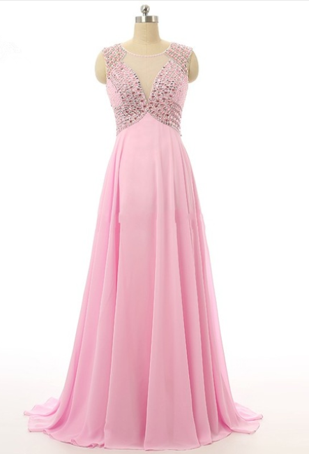 Robe De Soiree Real Samples Long Pink Evening Dresses Scoop Sleeveless Beaded Custom Made Long Formal Dresses