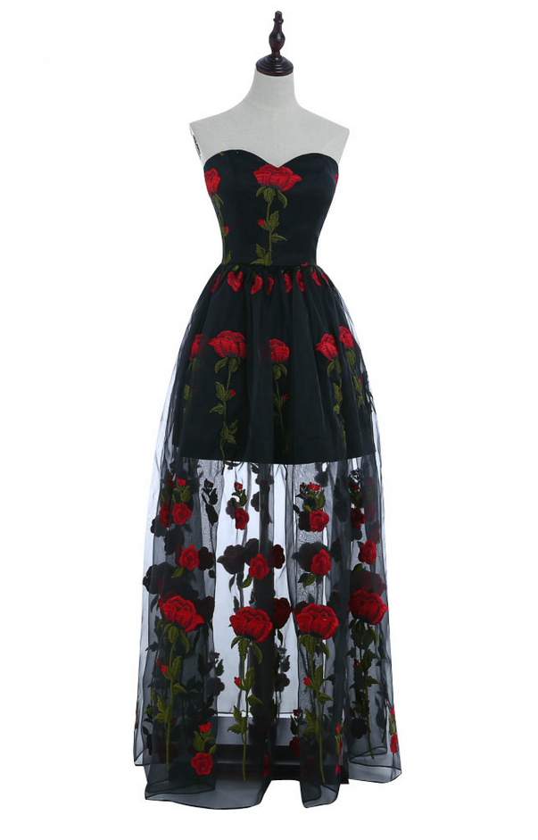 Real Formal Special Occassion Dress Floor Length Black 3d Rose Formal Evening Dresses