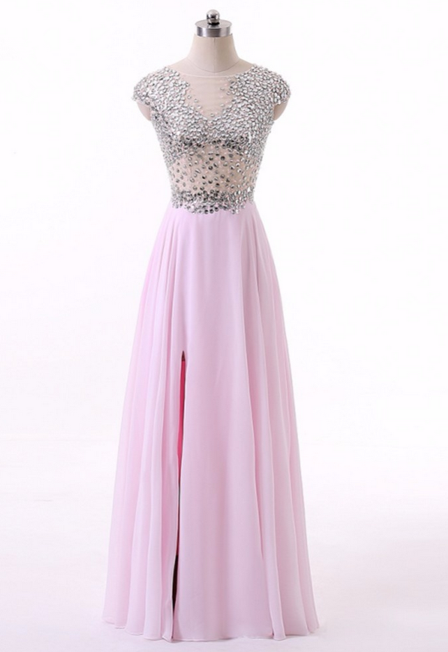 Women Pink Elegant Long Chiffon Evening Dresses Open Skirt Sequined Top Dress Party Custom Dress
