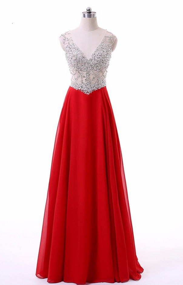 Fashion Top Crystal Beading Chiffon Skirt Women Red Long Evening Dresses Robe De Soiree V Neck Formal Dress