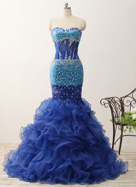 Gorgeous Blue Sweetheart Evening Dresses Robe De Soiree Beading See Through Custom Zipper Back Dresses