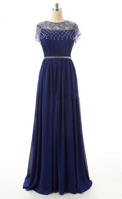 Robe De Soiree Navy Blue Long Chiffon Evening Dress A-line Cap Sleeve Rhinestone Vestido De Festa Formal Dresses
