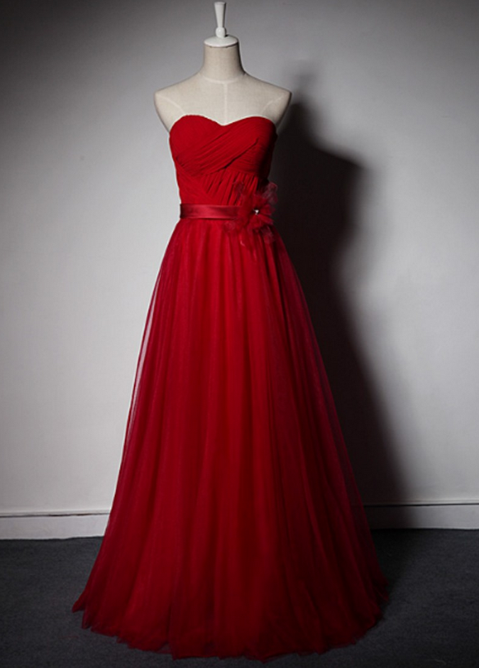 Custom Made Strapless Sweetheart Neckline Floor-length Tulle Prom Dress / Long Evening Dress With Floral Sash - Red