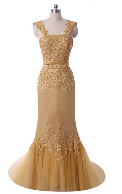 High Quality Scalloped Sleeveless Golden Embroidery Beaded Evening Dress Gown Robe De Soiree Custom Made