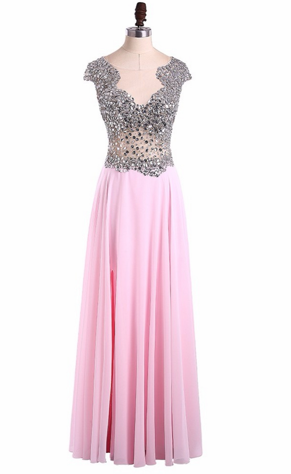 Fashion Robe De Soiree Pink Long Evening Party Dress Crystals Beaded Chiffon Year Formal Dresses