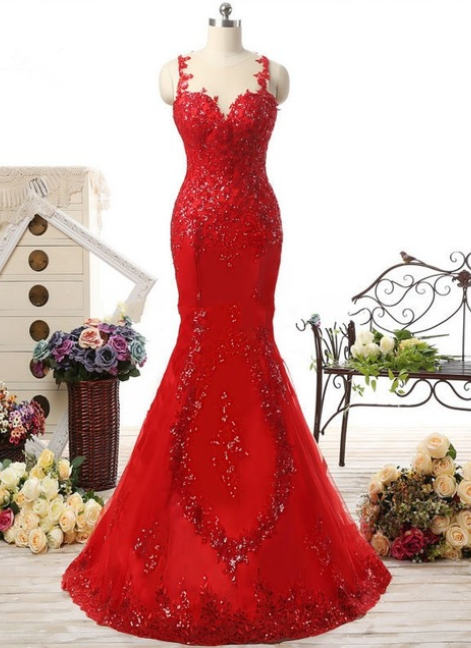 Charming Real Long Red Mermaid Prom Dresses Sweetheart See Through Back Robe De Soiree Wedding Party Dress