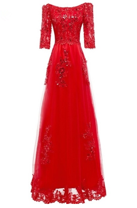 Floor Length Boat Neck Long Evening Dresses Elegant Plus Size Red Ladies Appliques Sequin Mother Of The Bride