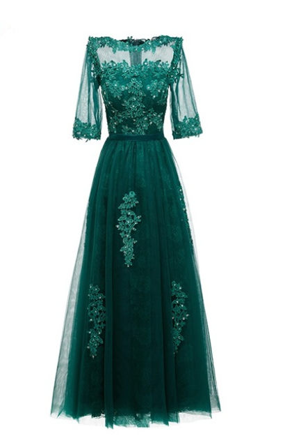 Short A Line Mint Emerald Green Lace Tulle Beaded Evening Dresses Formal Long Appliques Special Occasion With Half Sleeve