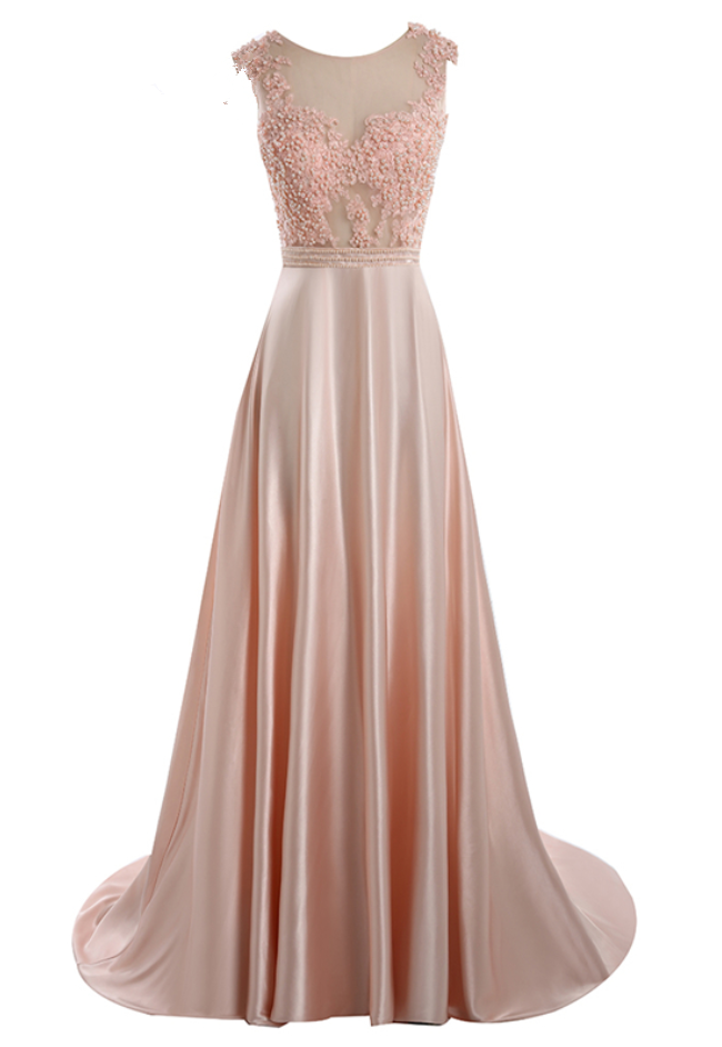 Light Pink Long Evening Dress A-line Neck Pearls Appliques Lace Women Foraml Prom Party Dress