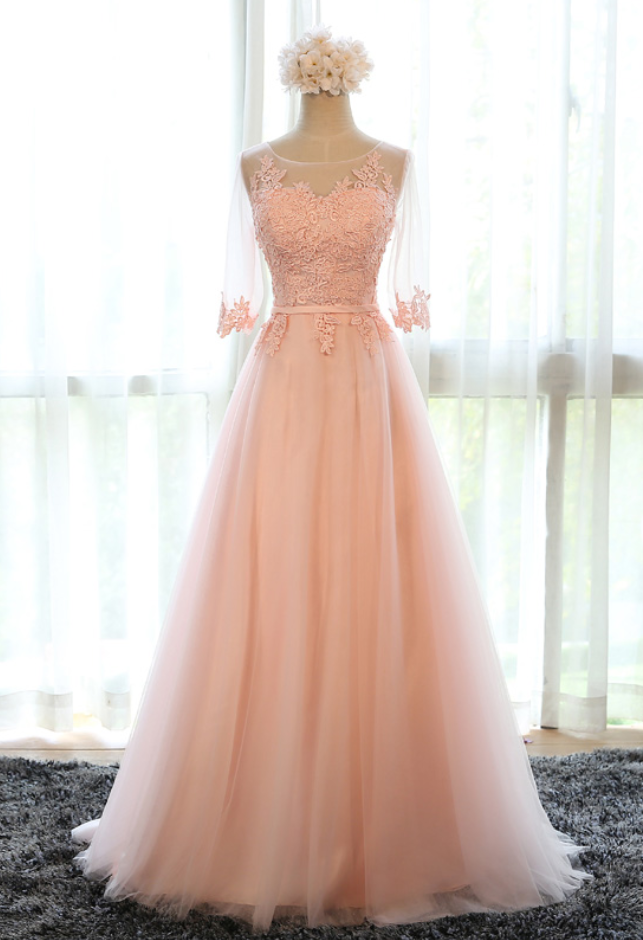 Evening Dress Sweet Pink Scoop Neck Half Sleeve Transparent Lace Embroidery A-line Long Prom Formal Dress