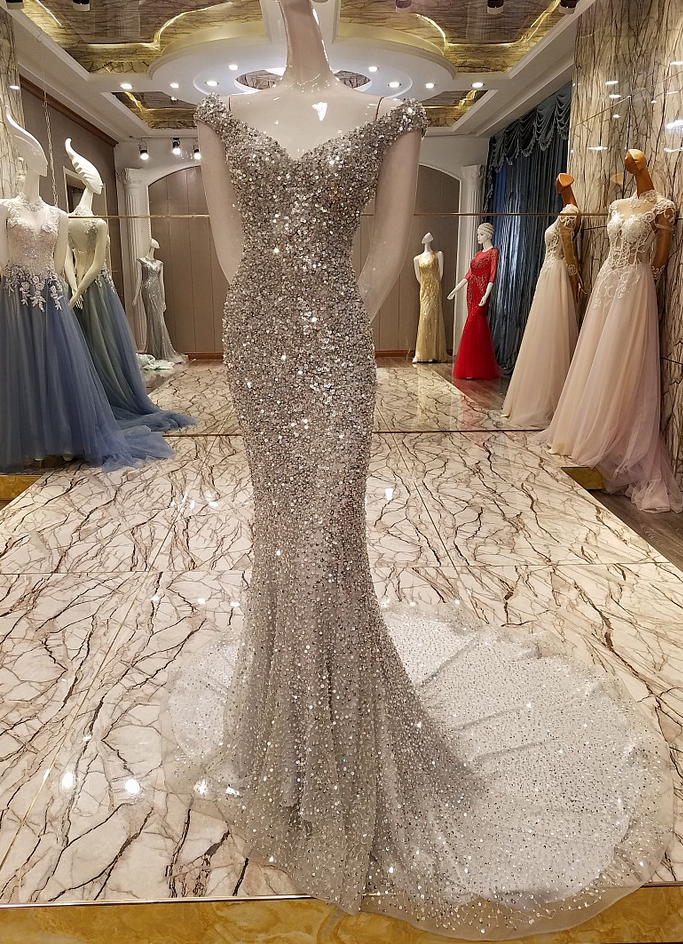 New High-end Luxury Silver Crystal Beading Mermaid Evening Dress Slim Sexy Formal Party Gown Robe De Soiree