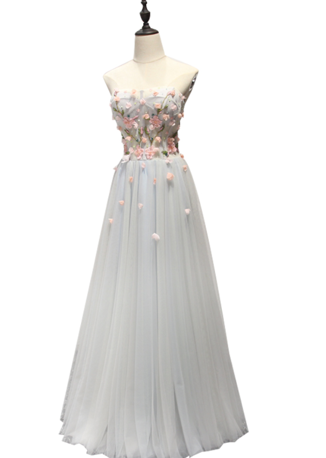 Long Evening Dress Sweet Flower Strapless Sleeveless Floor-length Formal Dress The Bride Banquet Party Gown