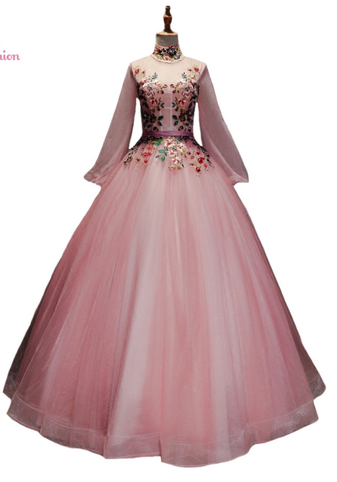 Sweet Pink Lace Prom Dress Long Sleeved Appliques With Beading Floor-length Party Formal Ball Gown Robe De Soiree