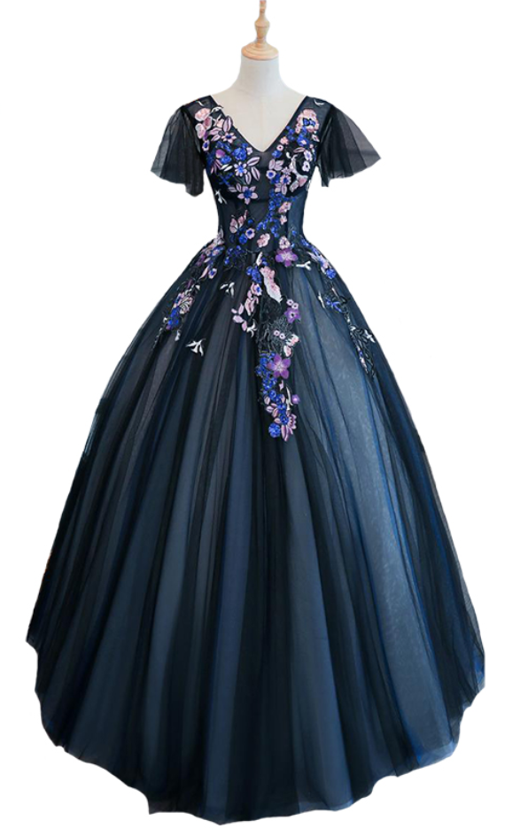 The Banquet Elegant Long Prom Dress Navy Blue Lace Flower V-neck Floor-length Evening Party Gown Robe De Soiree