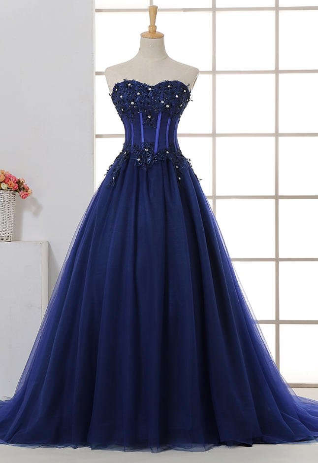 High-grade Evening Dress The Bride Banquet Navy Blue Lace Strapless Sexy Sleeveless Court Train Prom Party Gown