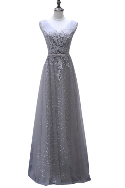 Robe De Soiree Grey Lace V-neck Long Embroidery Flower Elegant Evening Dress Bride Marrige Party Formal Dress Custom