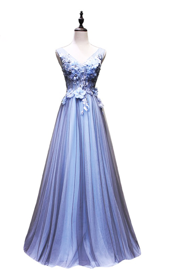 High-end Long Evening Dress The Bride Banquet Luxury V-neck Blue Lace Flower Beading Floor-length Prom Party Gown