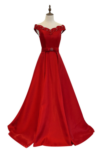 Red Evening Dress The Bride Married Luxury Satin Wth Beading Boat Neck Floor-length Long Prom Dresses Party Gowns