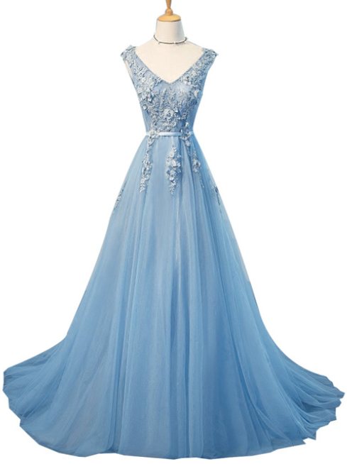 Evening Dress Bride Banquet Elegant Grey Blue Lace Flower V-neck Sleeveless Floor-length Party Gown Formal Dresses