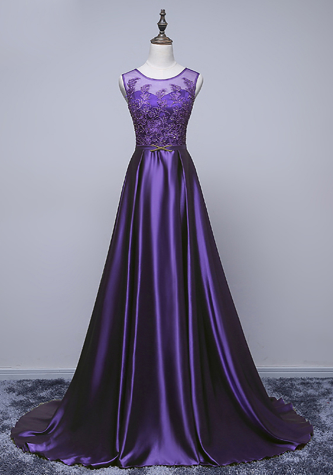 Luxury Satin Evening Dress The Bride Banquet Elegant Purple Lace Appliques Floor-length Long Prom Dress Party Gowns