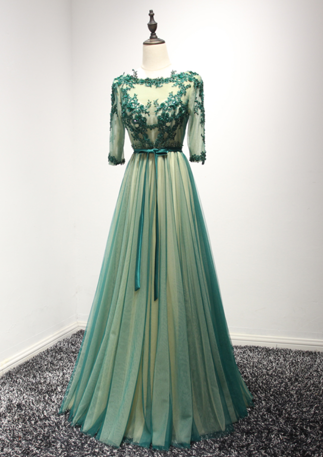 Evening Dress Delicate Lace With Beading Green Backless Half Sleeves Long Party Gown Prom Dresses