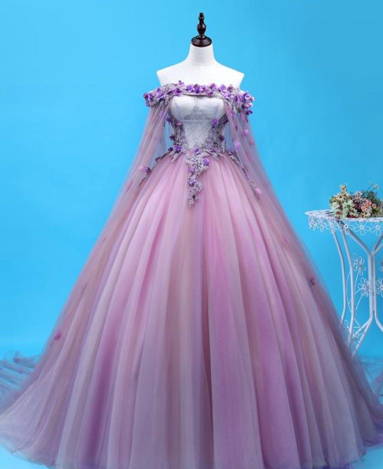 Prom Dress Sweet Purple Lace Flower Boat Neck Appliques Floor-length Party Ball Gowns Custom Formal Dresses