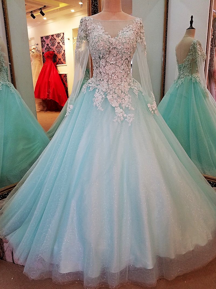 High-end Evening Dress Luxury Sweet Light Blue Long Sleeved Lace Flower Floor-length Prom Party Formal Gown