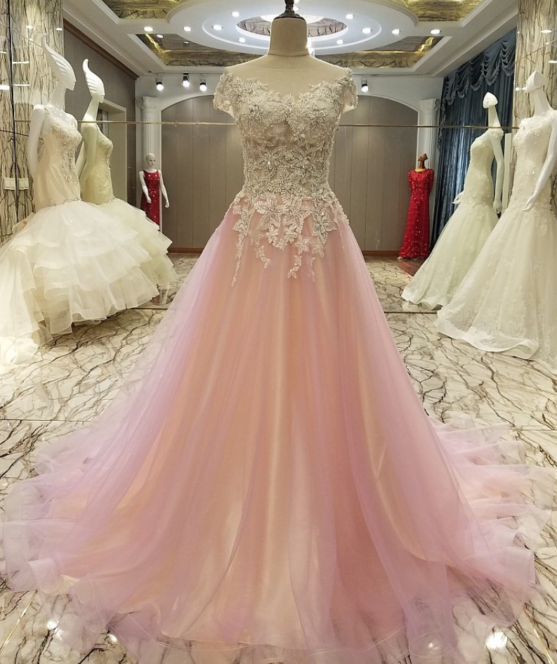 New Luxury Lace Evening Gown Bride Banquet Sweet Pink Flower with Beading Long Train Party Formal Prom Dresses