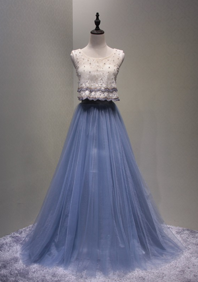 The Bride Banquet Elegant Long Evening Dress Blue Lace Beading A-line Sleeveless Floor-length Prom Party Formal Gown