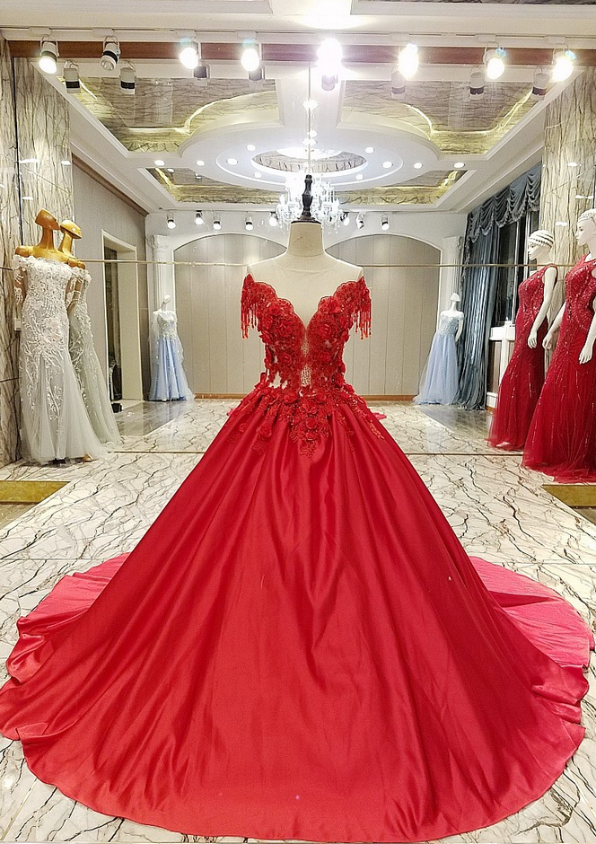 High-end Luxury Satin Evening Dress Bride Married Red Lace Flower With Beading Sweep Train Long Prom Party Gowns