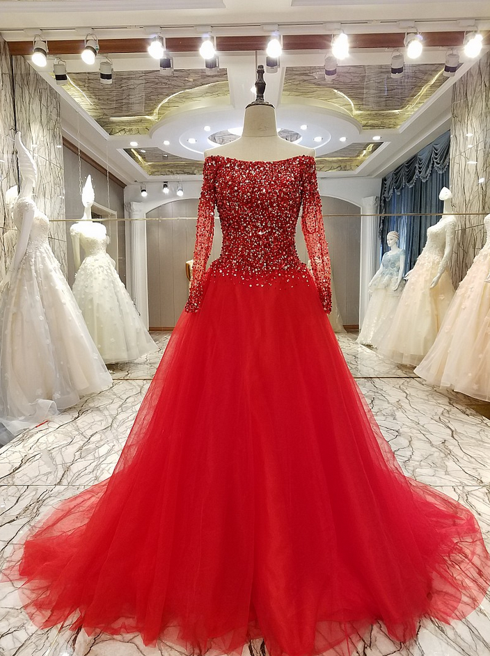Luxury Evening Dress High-end The Bride Married Crystal Beading Long Sleeved A-line Prom Party Gowns Custom