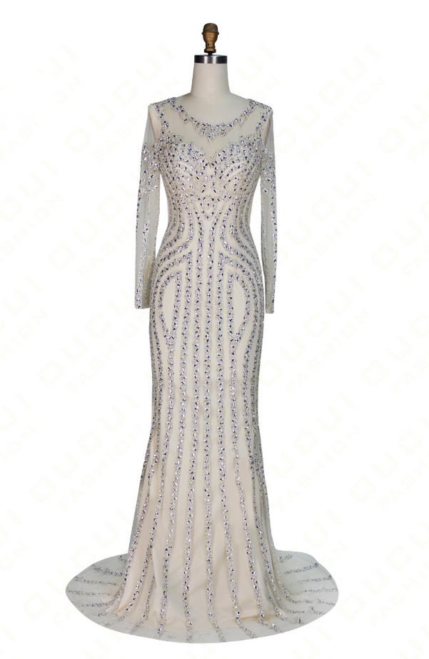 Real Photos Tulle Mermaid Long Evening Dress Long Sleeves Luxury Handmade Crystal Diamond