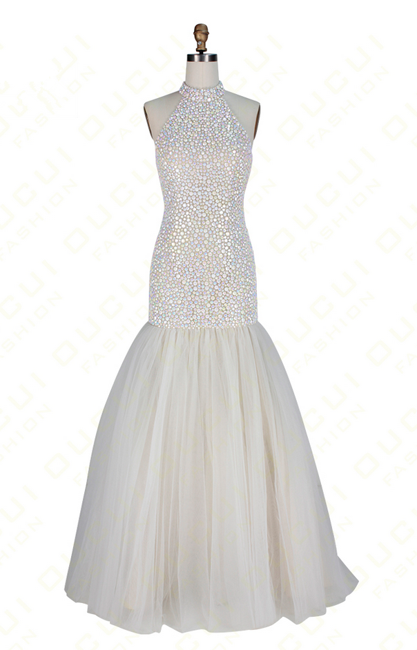 Mermaid Halter Open Back and Feather Detail Long Prom Dress