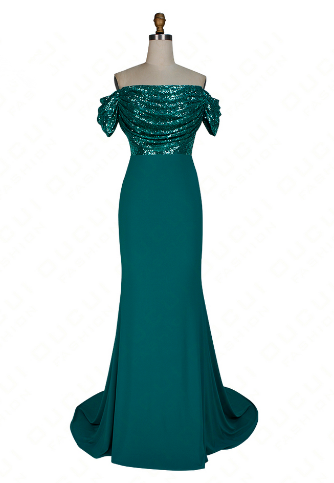 Off-the-shoulder Sequin Beaded Mermaid Long Prom, Evening Dress Featuring V-back