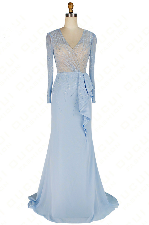 V-neck Sheer Long Sleeved Beaded Mermaid Long Prom Dress, Evening Dress, Formal Dress