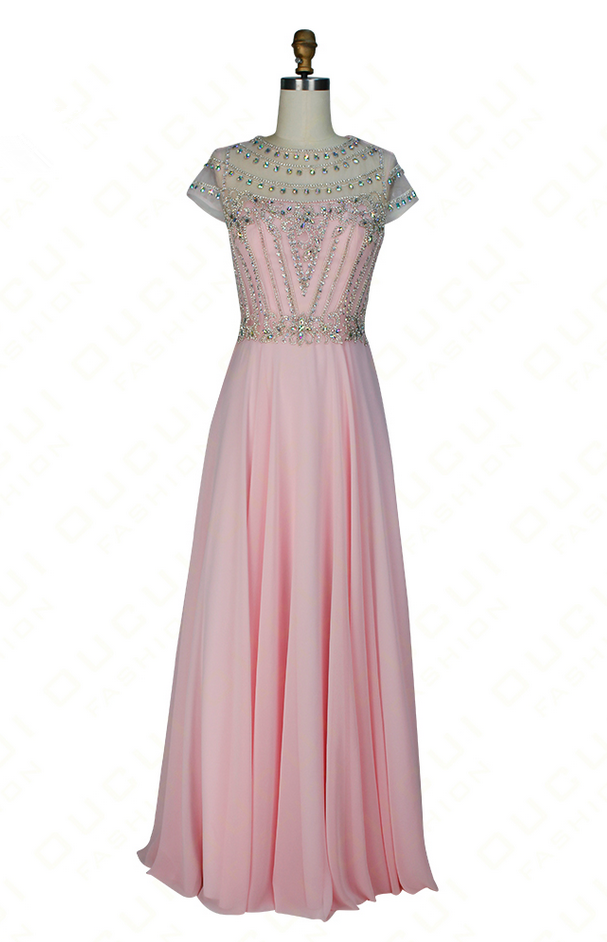 Real Photos Beading Hand Made Cap Sleeve Formal Illusion Long Evening Dress A Line Party Dress