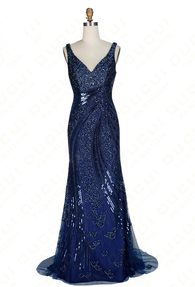 V-Neck Sleeveless Crystal Beaded Mermaid Long Prom Dress, Evening Dress