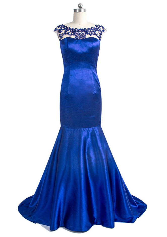 Sexy Backless Evening Dress Scoop Neckline Cap Sleeve Royal Blue Party