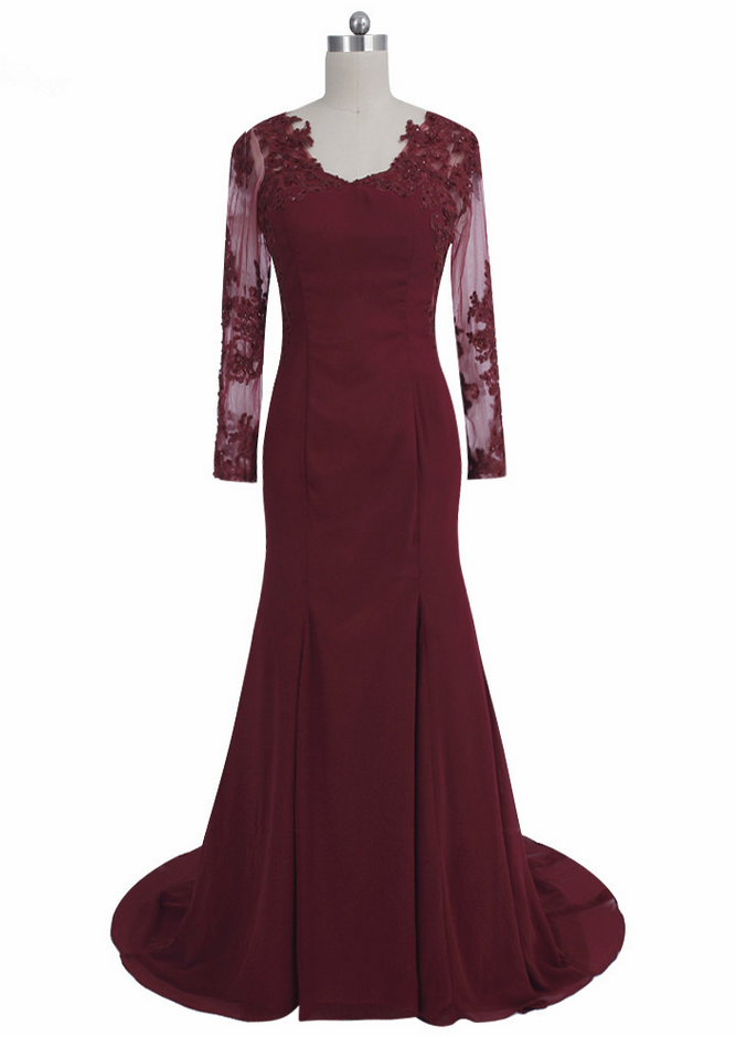 Elegant Burgundy Mermaid Evening Dresses Lace Long Sleeve Evening Gown Long Prom Gowns