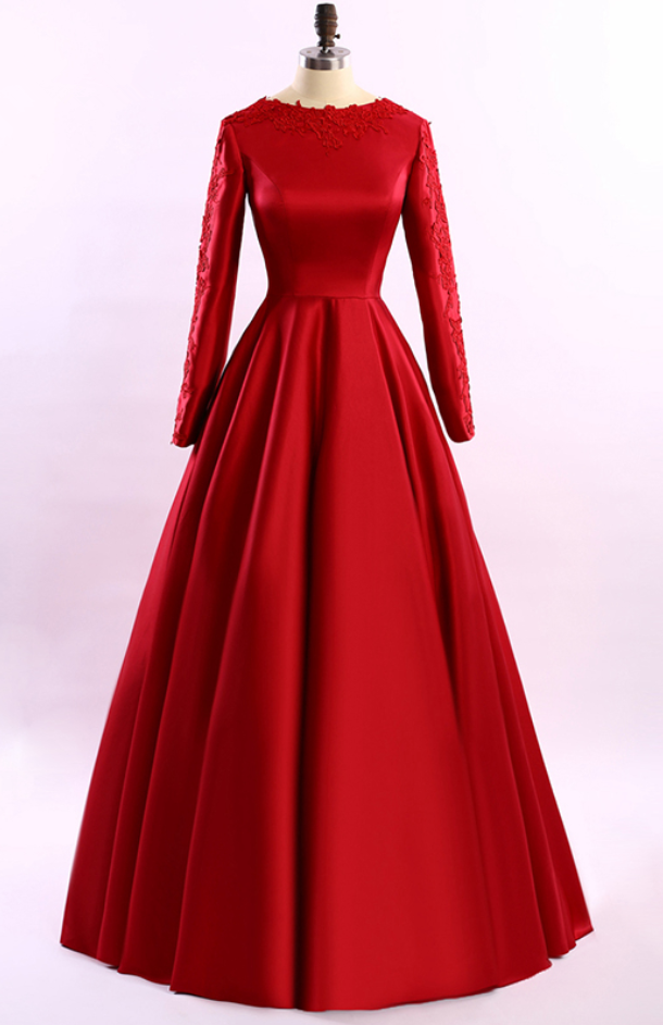 Real Photos Elegant Full Sleeve Red Evening Dresses Lace Appliques A-line Floor-length Evening Gowns