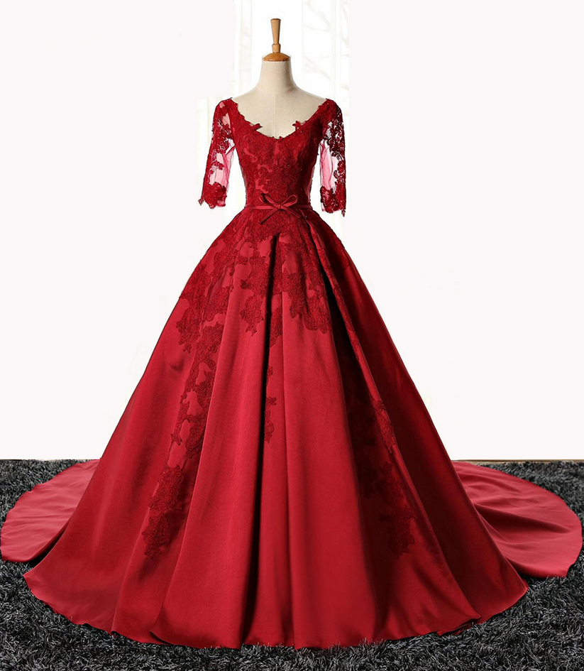 Elegant A-line Real Photos Half Sleeve Red Evening Dresses Lace Appliques Evening Gown Chapel Train Vestido De Noite