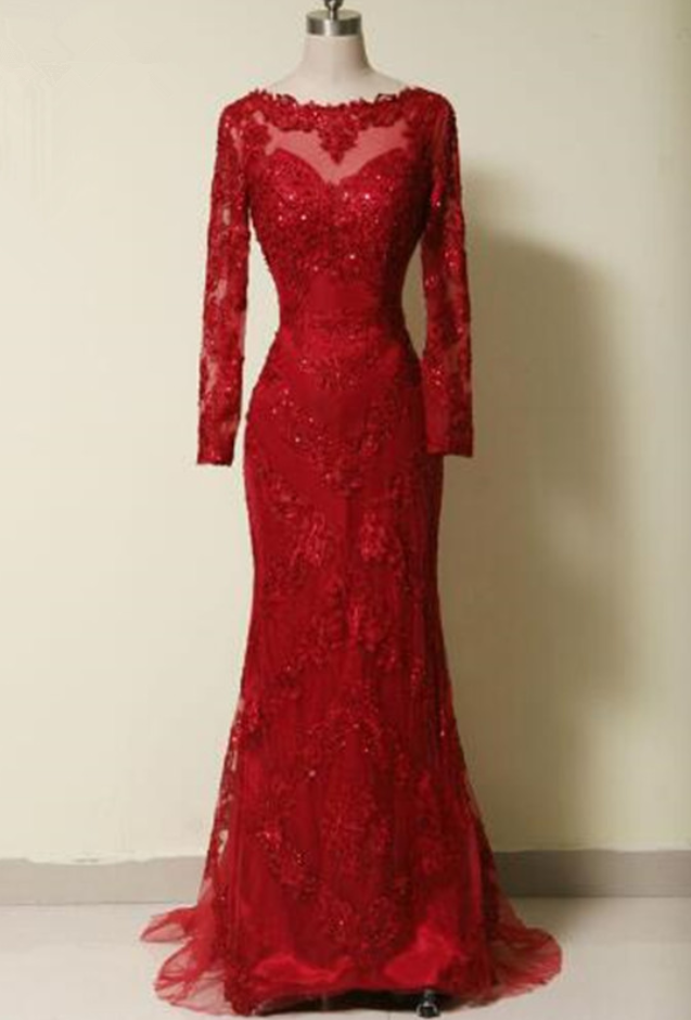 Exquisite Real Photo Mermaid Evening Dresses Celebrity Lace Applique Sequin Beaded Red Long Sleeve Sweep Train Bridal