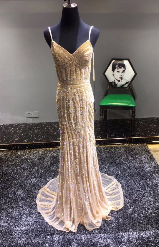 Robe De Soiree Diamond Evening Party Dress Real Photos Nude Color Tulle Champagne Gold Party Occasion Formal Long Evening Dress