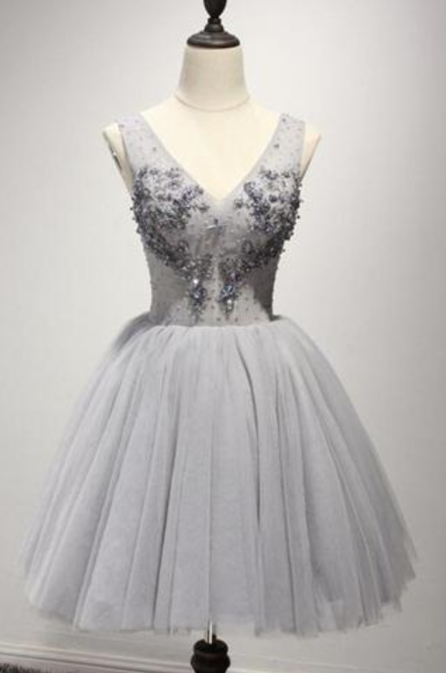 grey sweet 16 dresses Short A Line Black Beaded Homecoming Dresses High Neck Organza Sweet 16 Party Dress ARD1018 main image 1