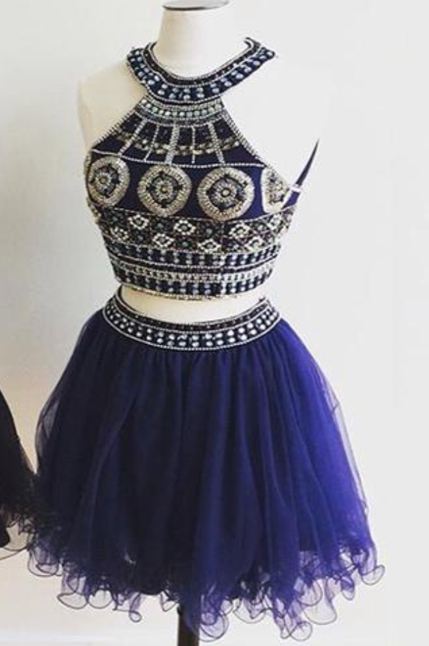 Cute Two Pieces Halter Royal Blue Tulle Beading Homecoming Dresses