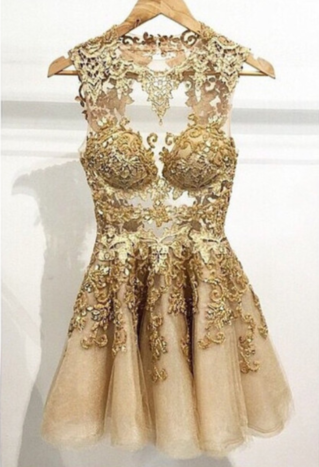 Appliques Short/Mini Homecoming Dresses,Gold Party Dresses, O-Neck Homecoming Dresses, Real Made Graduation Dresses