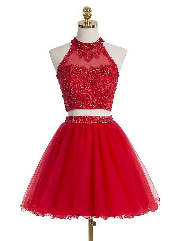 High Neck Red Homecoming Dress With Beads And Sequins, Short Homecoming Dress With Key Hole Back, Two Piece Tulle Homecoming Dress