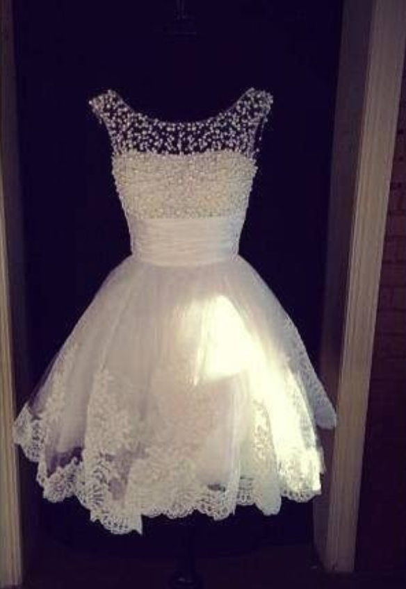 Real Work Homecoming Dresses, Fashion Style Scooped Neckline A Line Beaded Pearls Lace Short Prom Dresses, Elegant Evening Party Gowns, Short