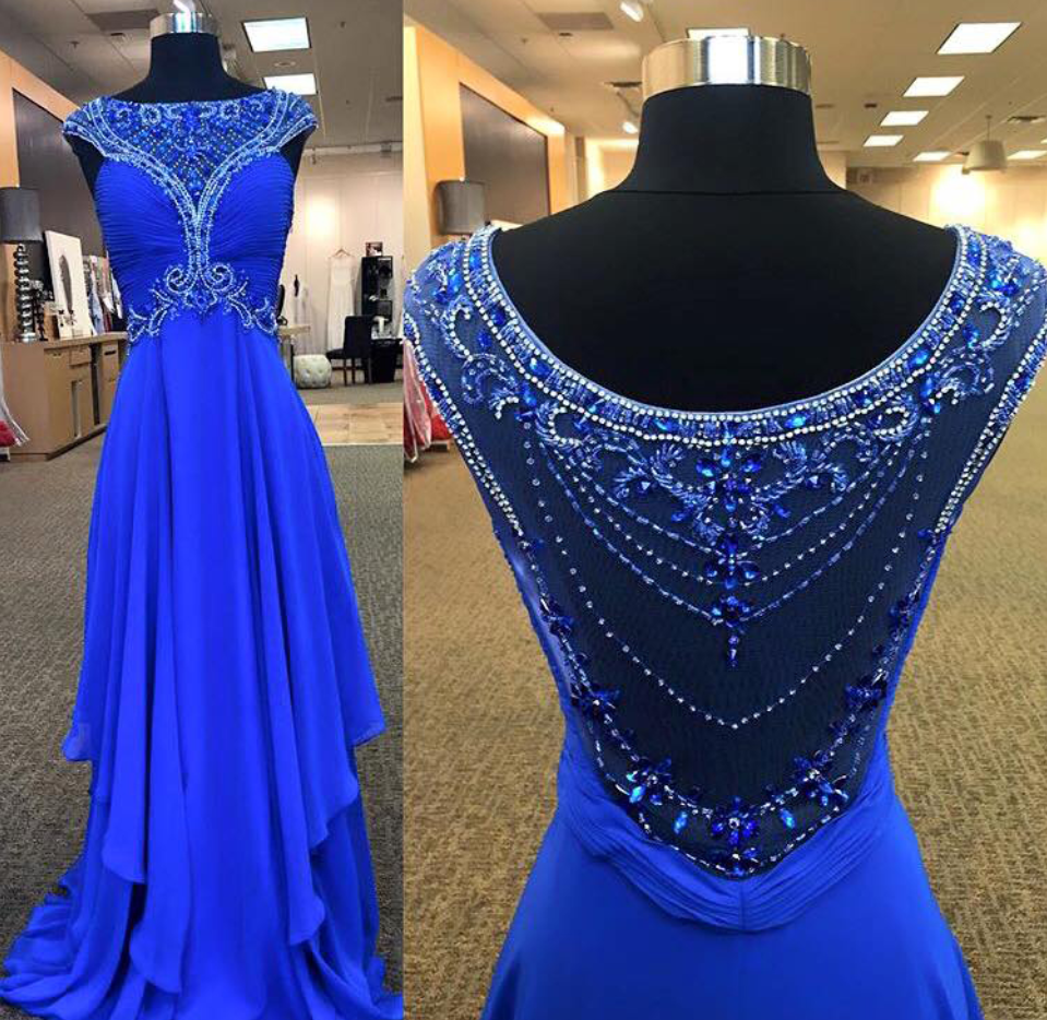 Royal Blue Chiffon With Beaded Prom Dresses,long Formal Dresses