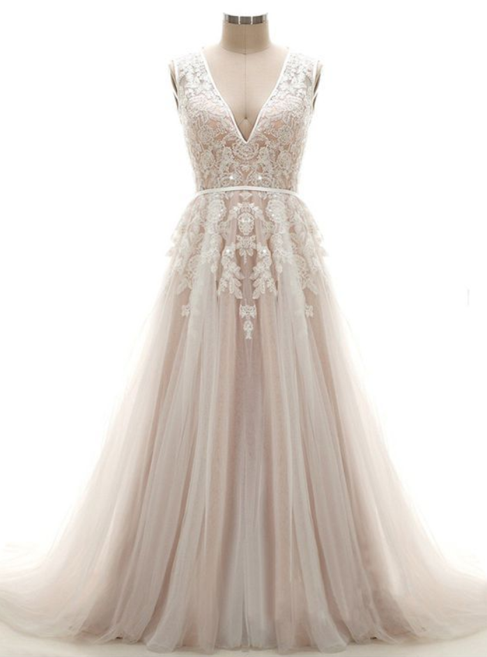 Elegant A-line Wedding Dress - V-neck Chapel Train Pink Tulle Appliques Sequins Sleeveless Backless Zipper-up